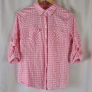 Pink White Plaid Button Down 3/4 Sleeve Top